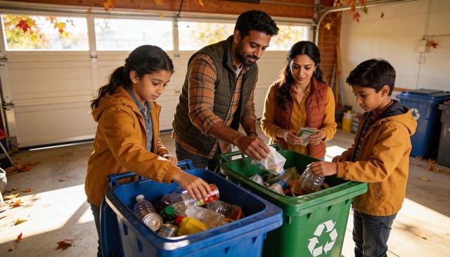 Family sorting recyclables in garage during autumn morning, parents teaching kids eco habits