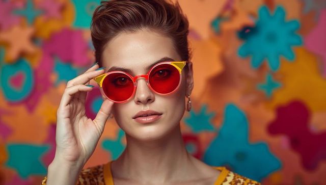 Model Posing with Red Sunglasses and Vibrant Backdrop in Fashion Shoot