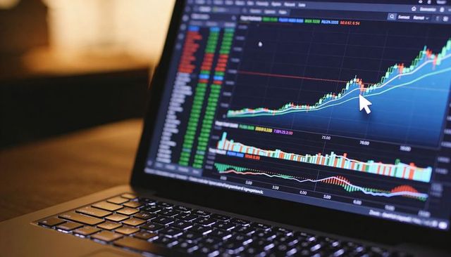 Laptop trading screen showing candlestick uptrend with backlit keyboard in home office workstation