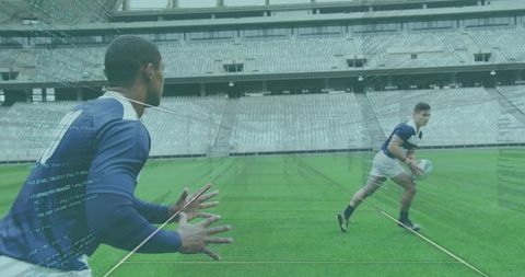 Rugby Players Analyzing Data on Field at Stadium