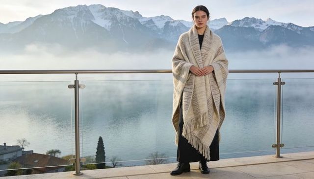 Woman standing on alpine balcony wrapped in fringed shawl overlooking misty mountain lake