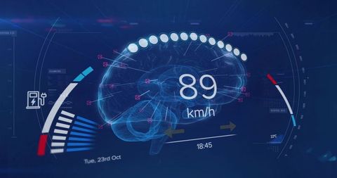 3d wireframe brain hologram hud showing 89 km/h telemetry and neural mapping