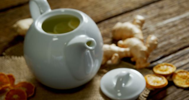 Steaming Herbal Tea in Ceramic Teapot with Fresh Ginger and Dried Fruit - Download Free Stock Images Pikwizard.com