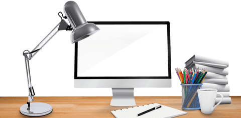 Transparent virtual desk with modern workspace setup