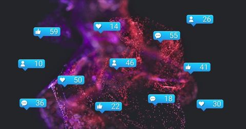 Abstract Digital Particles with Social Media Engagement Icons