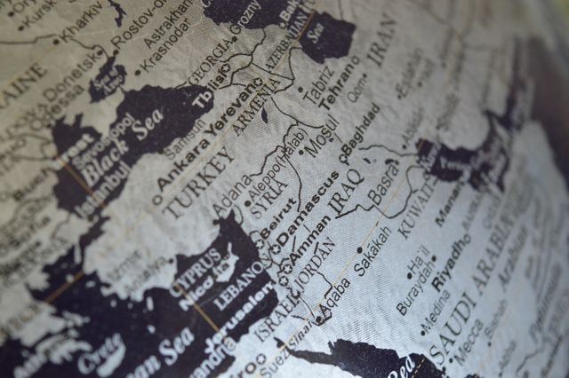 This image shows a detailed retro map highlighting Middle Eastern countries like Turkey, Iran, and Iraq. The monochromatic map with clear lines and names offers a vintage aesthetic, making it ideal for educational materials, travel planning guides, websites, and historical references.