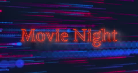 Neon Movie Night Text on Dynamic Light Trails Background