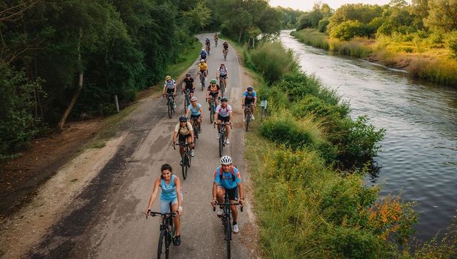 Diverse Cyclists Pedaling Along Scenic Riverside Trail