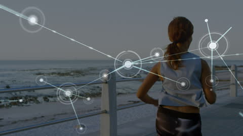 Woman Running Along Beach with Digital Network Illustration