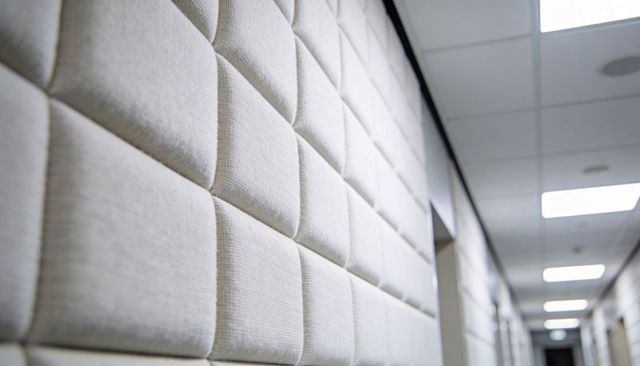 Quilted acoustic wall panels creating soft textured corridor perspective, office interior