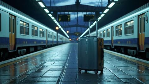 Sleek metallic suitcase on wet train platform at dusk
