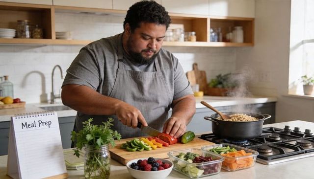 Bearded man chopping colorful peppers for healthy meal prep on modern kitchen island