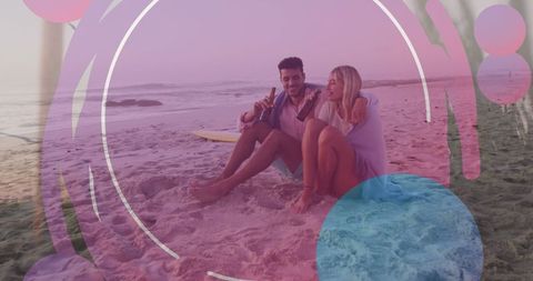 Romantic Evening on Beach with Scenic Sunset and Surfboard