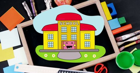 Brightly Colored Cartoon School Building with School Supplies - Download Free Stock Images Pikwizard.com