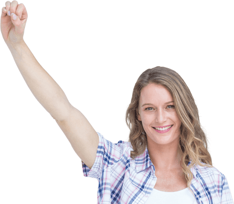 Smiling woman with arm raised transparent background