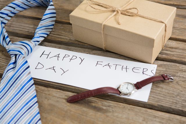 High angle view of fathers day greeting by gifts on wooden table