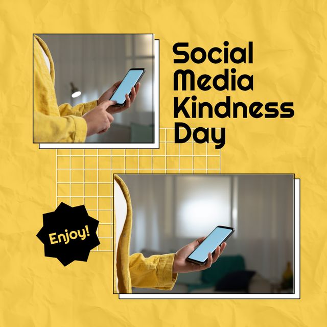 Digital composite image of caucasian woman using smart phone with social media kindness day text. Copy space, raise awareness, being kind online, celebration, technology.