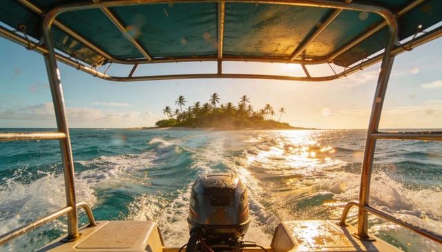 Outboard boat cruising toward palm island at golden hour with turquoise wake