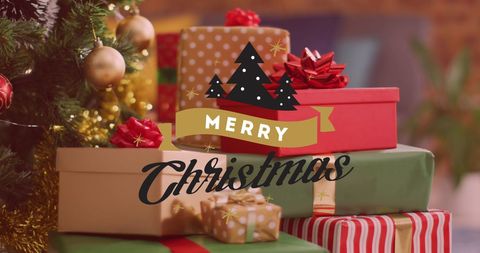 Christmas Greeting Over Presents and Holiday Decorations - Download Free Stock Images Pikwizard.com