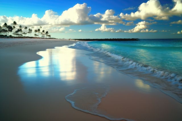 Scenic view of a tropical beach with gentle ocean waves washing onto sandy shore. Reflective effects from pastel colors in the sky create a serene atmosphere. Lush palm trees and calm turquoise water enhance the paradise feel. Ideal for travel promotions, vacation brochures, nature themes, background headers, and relaxation advertisements.