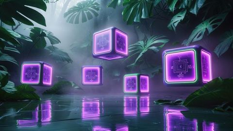 Hovering neon cubes in misty jungle fantasy scene