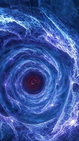 Vertical sci-fi vortex video with glowing blue filaments spiraling into red energy core