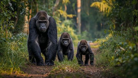 Silverback leading two juvenile gorillas along sunlit rainforest trail, intense primate portrait