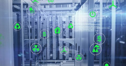 Green Icons Overlaying Modern Data Center Servers - Download Free Stock Images Pikwizard.com
