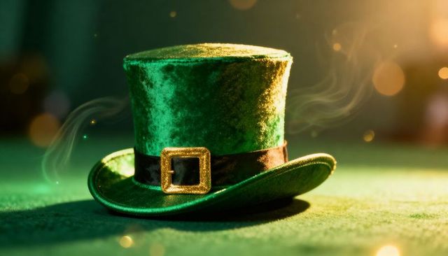 Emerald Velvet Top Hat with Gold Buckle, Smoky Bokeh Glow and Festive St Patricks Theme
