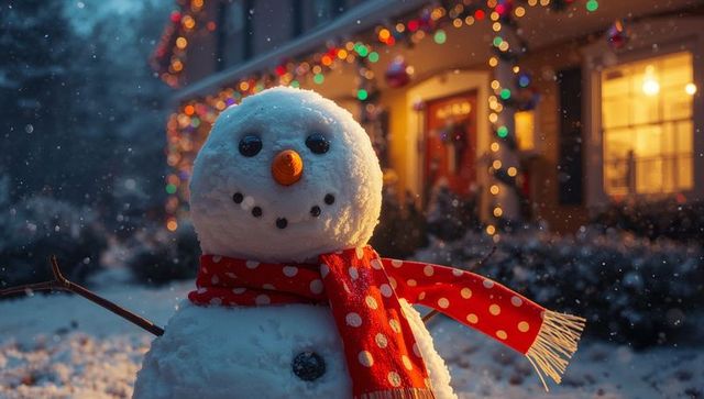 Festive snowman in brightly lit front yard during dusk