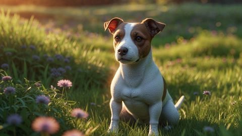 Adorable Small Dog in Colorful Field at Sunset