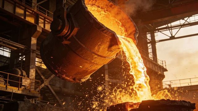 Pouring molten steel from suspended ladle into crucible with flying sparks in foundry