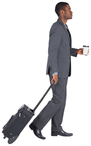 Transparent Young Businessman Carrying Coffee and Luggage
