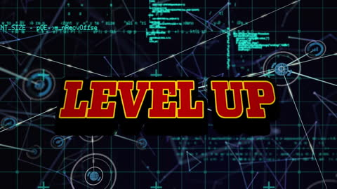 Level Up Text with Dynamic Digital Background Illustrating Growth