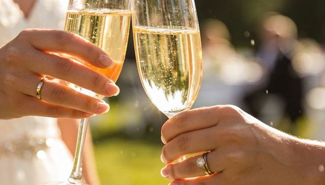 Clinking champagne flutes showing wedding rings at golden garden reception