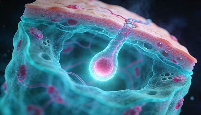 Luminescent cellular bulb connecting to porous tubular tissue with magenta vesicles