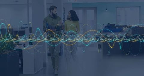 Coworkers walking and collaborating in modern office with glowing waveform data overlay