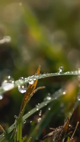 Vertical macro video showing dewy grass blade glistening with morning droplets and bokeh