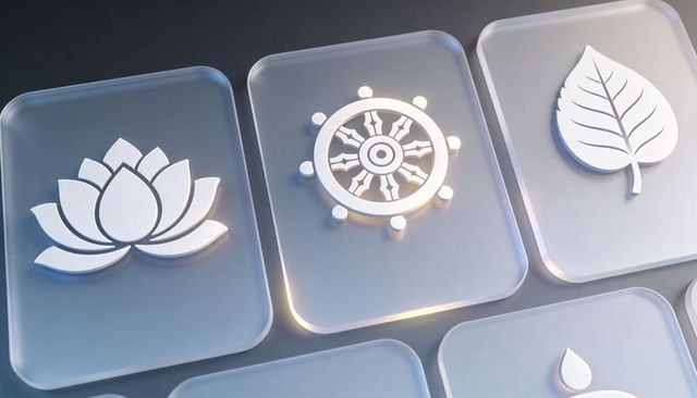 Frosted glass tiles with lotus, dharma wheel and leaf icons on dark minimalist grid