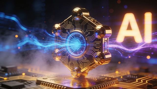 Floating golden ai core module glowing above high-tech circuit board with neon data streams