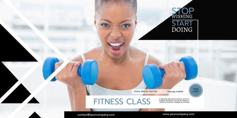 empowered woman lifting weights in fitness class ad - Download Free Stock Templates Pikwizard.com