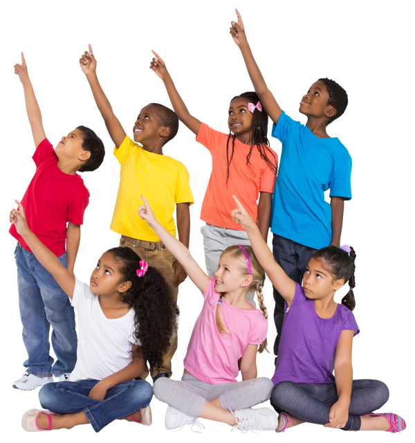 Happy Diverse Elementary Schoolchildren Pointing Up on Transparent Background - Download Free Stock Videos Pikwizard.com