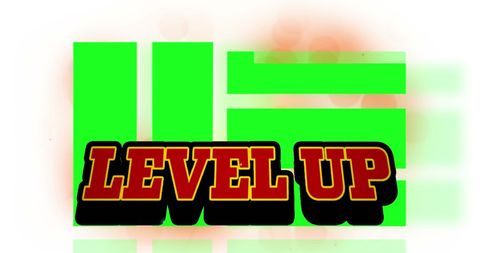 Bold level up text with vibrant green and orange shapes
