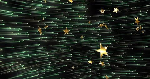Gold Stars Sparkling Against Glowing Green Light Streaks