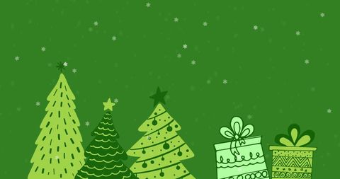 Festive Christmas Trees and Presents on Green Background