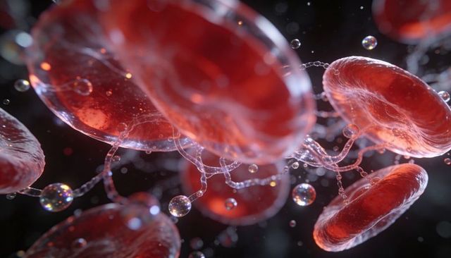 Microscopic blood clot forming with red blood cells and fibrin network, 3d ai-render