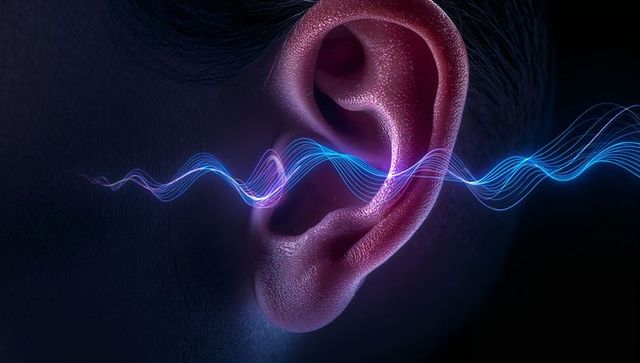 Closeup human ear receiving neon blue-purple soundwave representing hearing technology