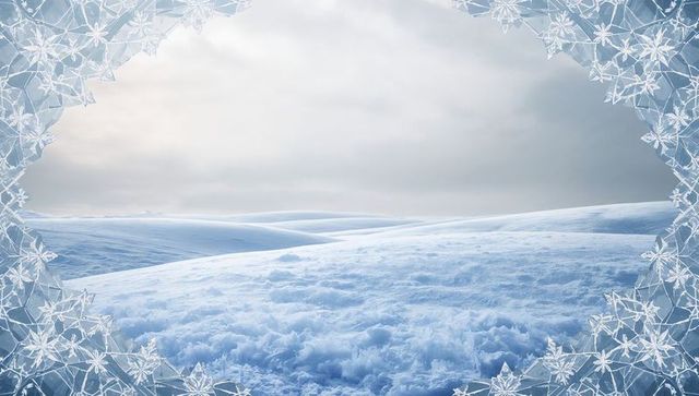 Undulating snowdrifts across arctic tundra framed by frosty ice border under overcast sky