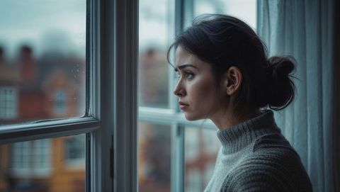 Woman Staring Through Rainy Window in Urban Setting