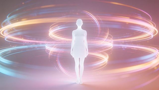 Ethereal female silhouette standing surrounded by glowing orbital rings and pastel light